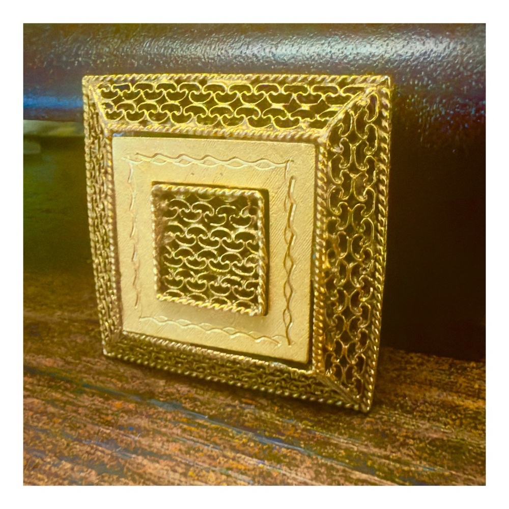 1960’s Victorian/ Etruscan Revival Style Square Gold Textured Filigree Brooch